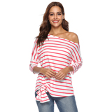 Tobrief Women's Casual Off Shoulder 3/4 Sleeve Striped Tie Front Knot Top Shirts Loose Blouse