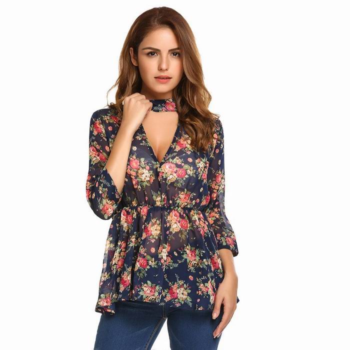 Tobrief Women's Stand Collar 3/4 Sleeve Keyhole Floral Print Chiffon Peplum Top Blouse