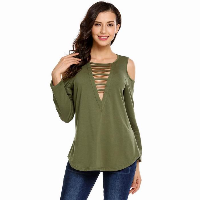 Tobrief Women's Casual V Neck Long Sleeve Cold Shoulder Tunic T-Shirt Blouse